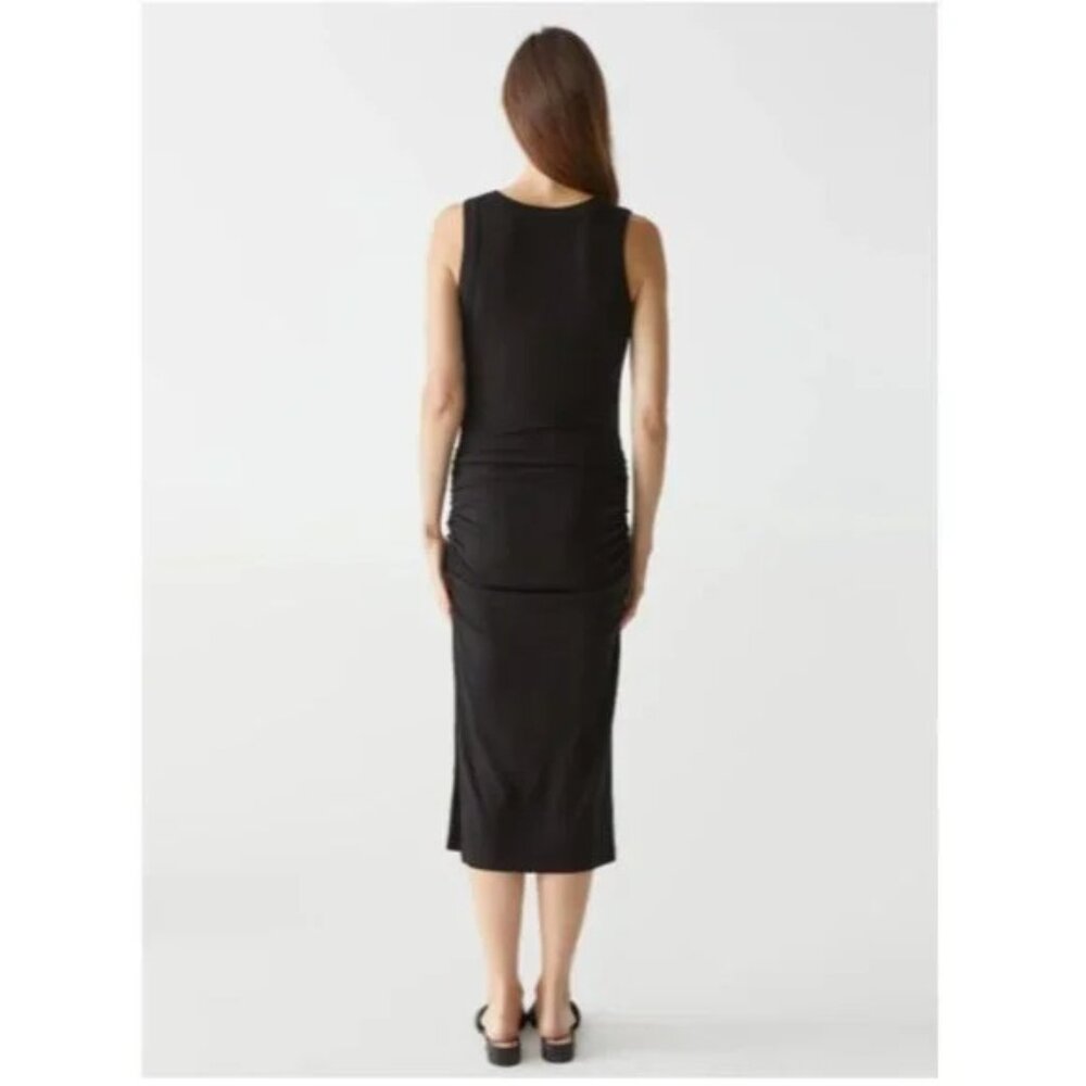 MICHAEL STARS Black Ribbed Midi V-Neck Side Slit Dress SMALL Lori Revolve Ruched - Picture 4 of 10